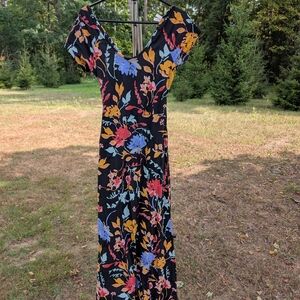 Pact Black Fit & Flare Maxi Dress with Colorful Floral Design